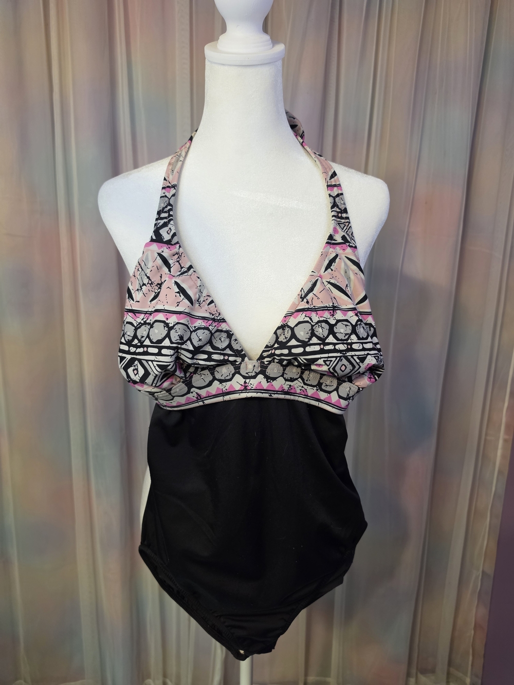 Venus Pink Black Geometric Halter High Cut One-Piece Swimsuit Size 12